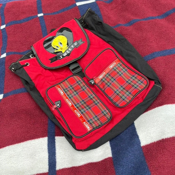 90s 1997 Vintage Tweety Bird Looney Tunes Backpack bagRed with plaid de…